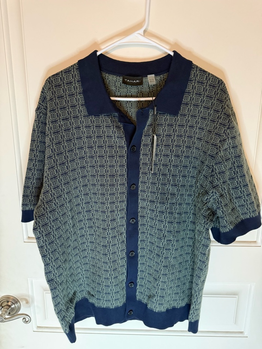 Tahari Navy and Gray Short Sleeve Knit Polo Cardigan